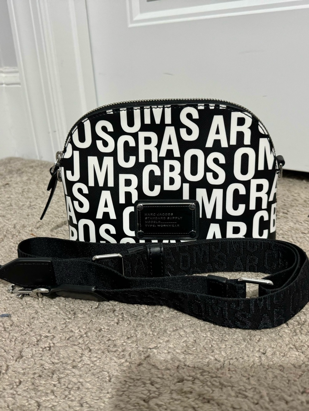 Cool Marc Jacobs black white logo leather guitar strap crossbody bag new